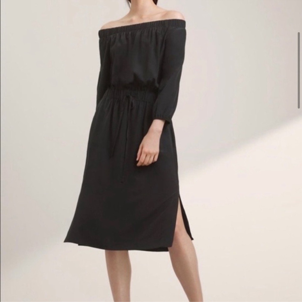 Babaton Dress Womens S Silk 3/4 Sleeve Midi Black Off Shoulder EUC